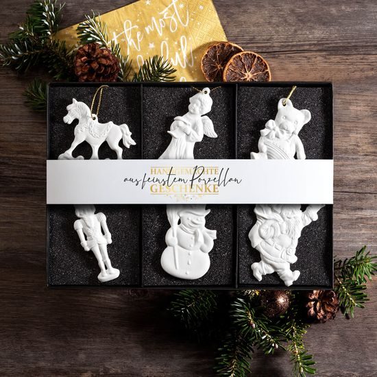 Christmas decoration set, 6 pcs., bisque porcelain, Unterweissbacher Werkstätten für Porzellankunst