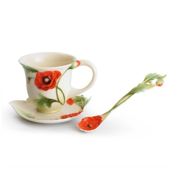 POPPY FLOWER DESIGN SCULPTURED porcelain cup/saucer/spoon set, FRANZ porcelain