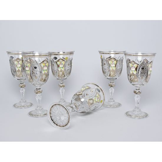 Cut Crystal Wine Glasses - set 6 pcs, Platinum + Enamel, Jahami Bohemia