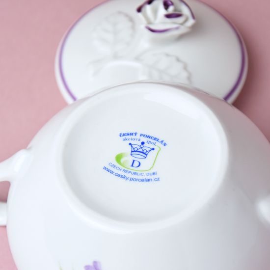 Cukřenka s oušky s víčkem bez výřezu 0,30 l, fialky, Český porcelán a.s.