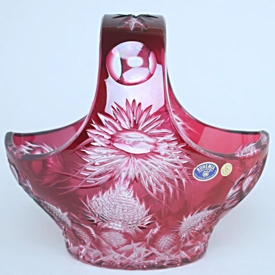 Crystal basket cut, thistle decor RUBY, 205 mm, Crystalite BOHEMIA