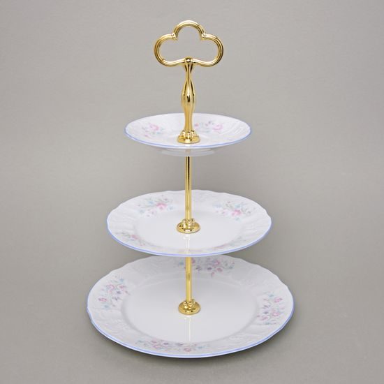 Compartment dish 3 pcs. gold steel stick, Thun 1794 Carlsbad porcelain, BERNADOTTE blue-pink flowers