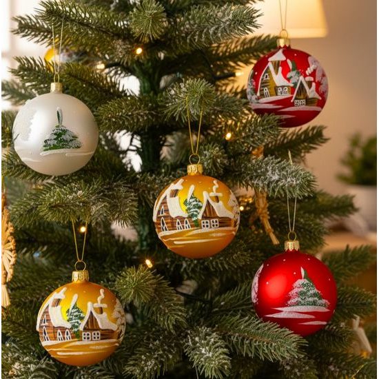 Six pcs. set of Christmas balls decoration 7 cm, Houses - Czech glass