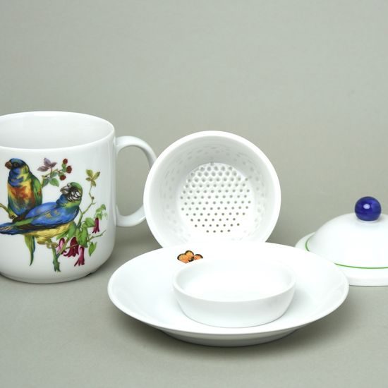 Mug 400 ml with cap and strainer, Birds and butterflies, Atelier Lesov