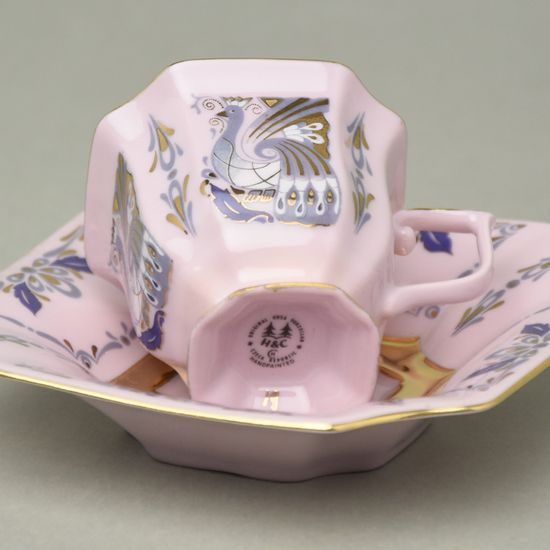 Šálek 80 ml mokka a podšálek 11 cm, Empír, dekor 562 páv, Růžový porcelán z Chodova