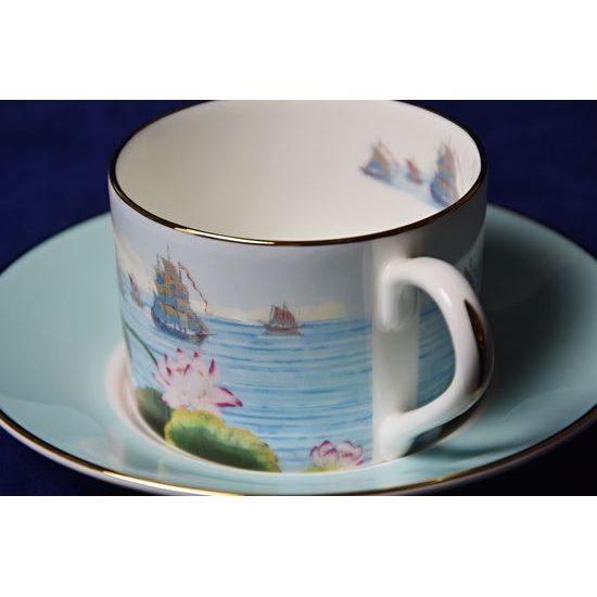 Blenheim Palace - Indian Room, Lotos and ships: Cup 200 ml and saucer breakfast, English Fine Bone China, Roy Kirkham