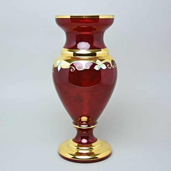 Vase 35 cm, RUBY RED glass, gold + enamel, Nový Bor glass