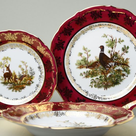 Plate set for 6 pers., Hunting - ruby red, Carlsbad porcelain