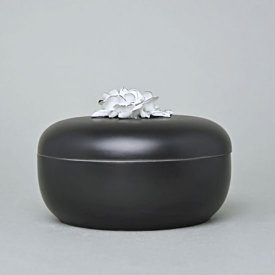 Dóza kulatá s růžemi 13,7 x 7,5 cm, Černý fond + Platina, Porcelán Duchcov