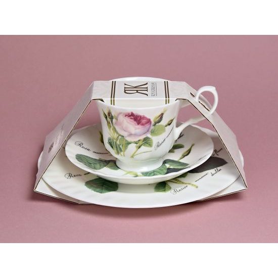 Redoute Rose: Trio Set - Tea Cup 220 ml, Saucer breakfast and Dessert Plate, English Fine Bone China, Roy Kirkham