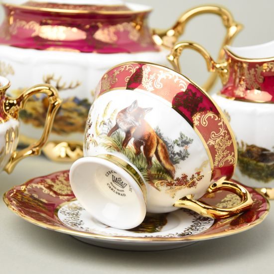 Tea set for 6 pers., hunting - ruby red, Carlsbad porcelain