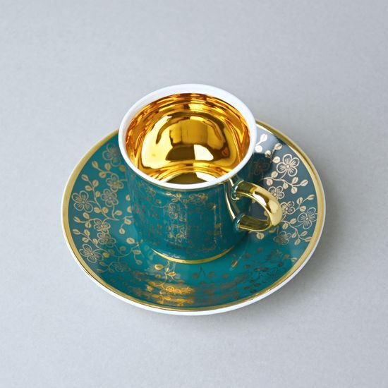 Šálek 100 ml mocca a podšálek 11,5 cm Sabina, vnitřní zlacení, tmavě zelené, Leander Loučky