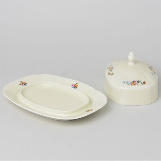 Butter dish for 250 g butter, Thun 1794 Carlsbad porcelain, BERNADOTTE ivory + flowers