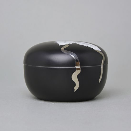 Dóza s pírky a platinovou stuhou, nízká, 7 x 10,3 cm, Černý fond + Platina, Porcelán Duchcov