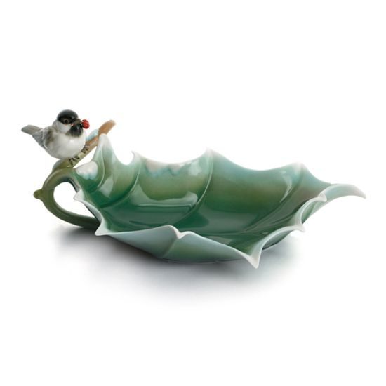 Winter wonderland chickadee design sculptured porcelain candy dish 24 x 13 cm, FRANZ Porcelain