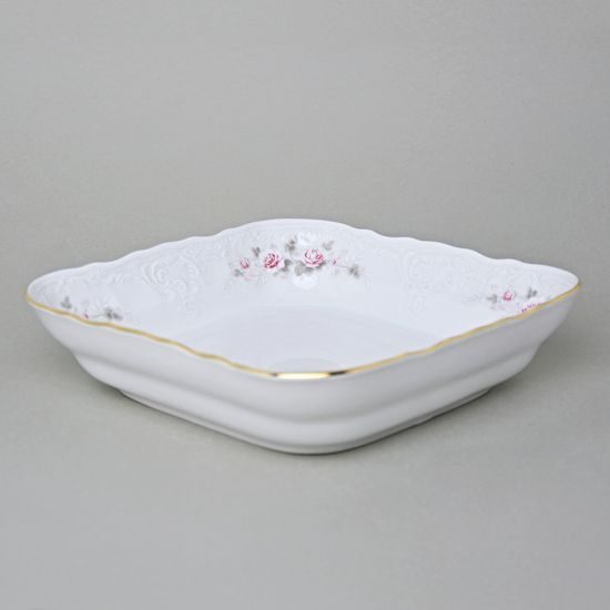 Gold line: Bowl square 25 cm J, Thun 1794 Carlsbad porcelain, Bernadotte roses
