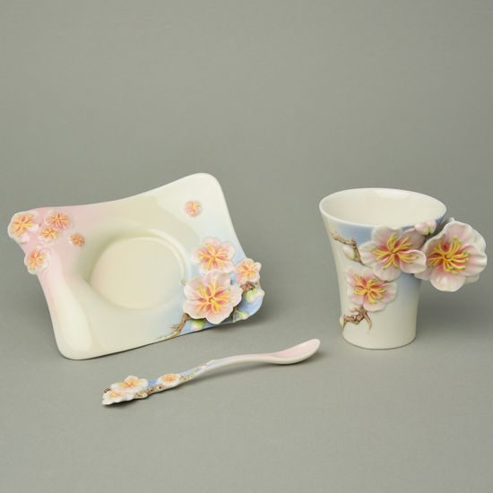 FOUR SEASONS-PLUM BLOSSOM DESIGN SCULPTURED porcelain cup/saucer/spoon set, FRANZ porcelain