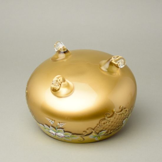 Bowl footed 20 x 11 cm, gold + enamel flowers, Bohemia
