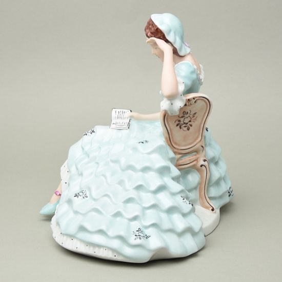Lady with book, large, 22,5 x 32,5 x 26,5 cm, turquoise, Royal Dux Bohemia