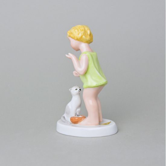 Holčička s kočkou, 9,8 x 6,3 x 14,1 cm , Saxe, Porcelánové figurky Duchcov