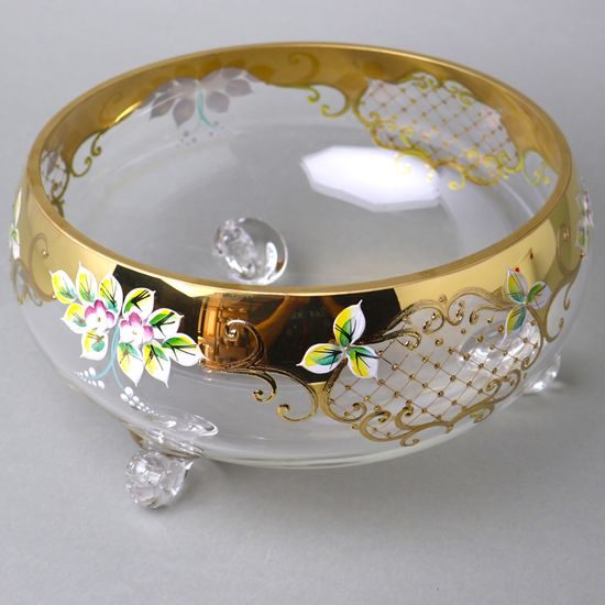 Crystal round bowl footed 26 x 12 cm, gold + enamel flowers, Bohemia