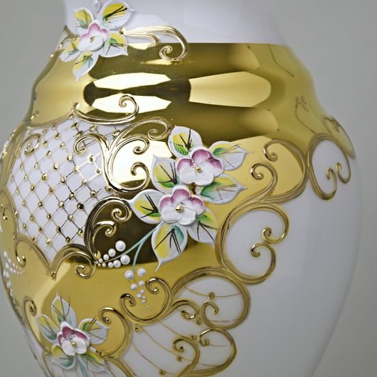 Vase 31 cm, WHITE glass, gold + enamel, Nový Bor glass
