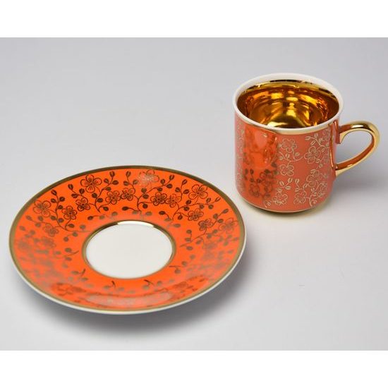 Cup 100 ml espresso + saucer 10,5 cm, inside gold, orange, Leander 1907