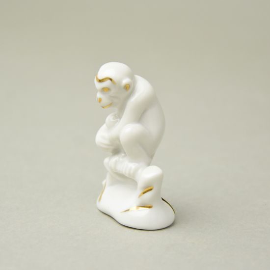 Opička na větvi 5,3 cm, Bílá + zlato, Porcelánové figurky Duchcov