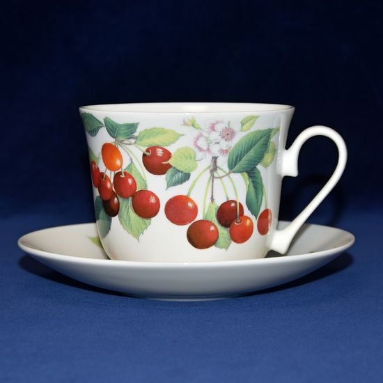 Třešně: Šálek 420 ml a podšálek 17 cm snídaňový, anglický kostní porcelán, Roy Kirkham