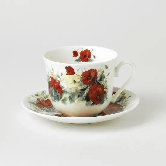 Vlčí mák: Šálek 420 ml a podšálek snídaňový, anglický kostní porcelán Roy Kirkham