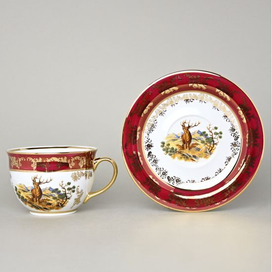 Olga: Cup 400 ml breakfast and saucer 19 cm, hunting ruby red, porcelain Bohemia