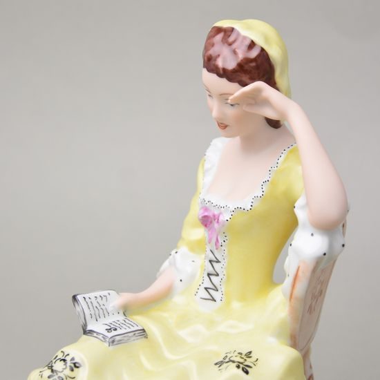 Lady with book, middle 22,5 x 32,5 x 26,5 cm, yellow decor, Royal Dux Bohemia