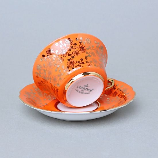 Cup 110 ml for tea + saucer 12,7 cm Windsor, Orange + inside gold, Leander 1907 Loučky