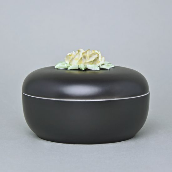 Dóza kulatá se žlutými růžemi 13,7 x 7,5 cm, Černý fond + barva, Porcelán Duchcov