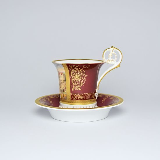 Cup and Saucer Johan, Prague 1901, 200 ml, Gold Etching, hand-painted by Roman Široký, Haas a Czjzek Porcelain