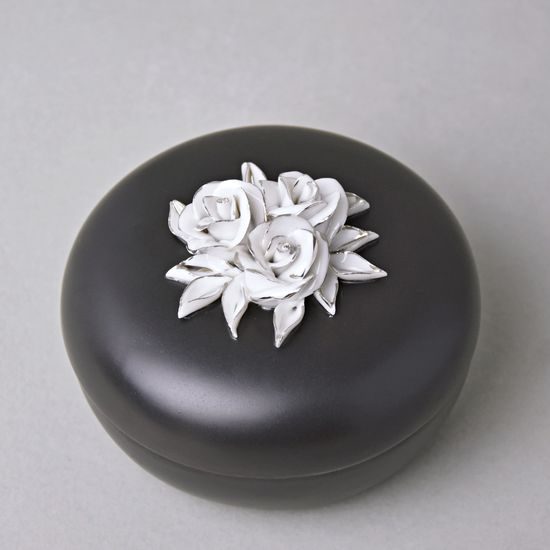 Dóza s růžemi nízká 8 x 11 cm, Černý fond + platina, Porcelán Duchcov