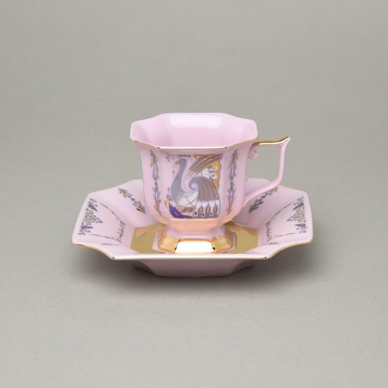 Šálek 130 ml a podšálek kávový 14 cm, Empír 562 páv, Růžový porcelán z Chodova
