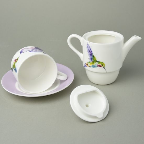 Kolibřík: Čajová sada pro jednoho, anglický kostní porcelán Roy Kirkham