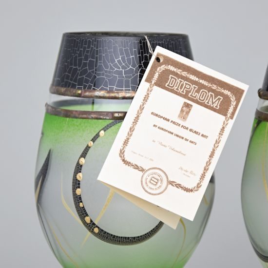 Studio Miracle: Wine Glasses Green, 2 pcs. 250 ml, Hand-decorated by Vlasta Voborníková