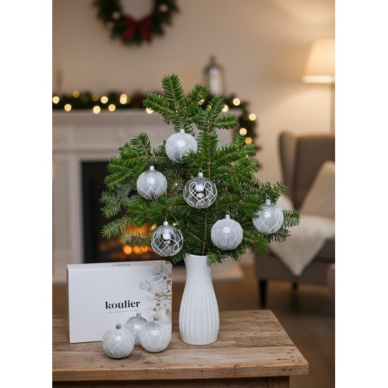 Vánoční skleněné koule 6 ks. sada, 10 cm, Bílostříbrné, České vánoční ozdoby KOULIER