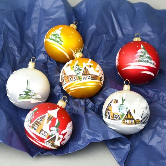 Six pcs. set of Christmas balls decoration 7 cm, Houses - Czech glass