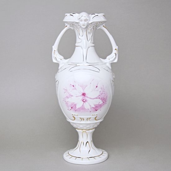 Váza 35,5 cm, Bílá + zlato + květiny, Porcelánové vázy Duchcov