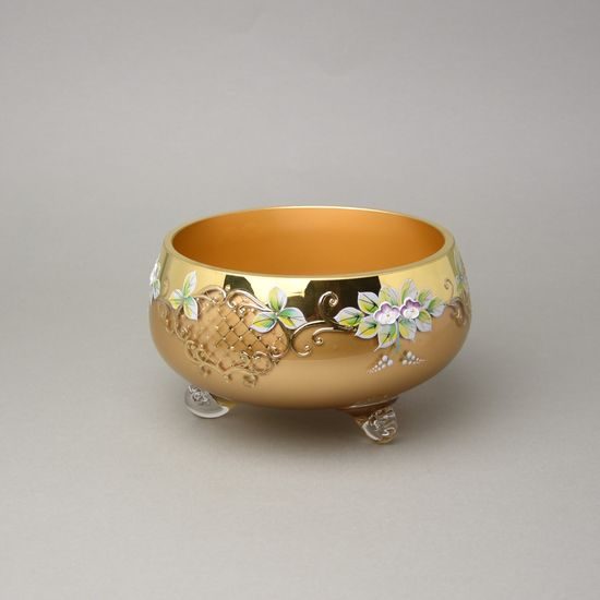 Bowl footed 20 x 11 cm, gold + enamel flowers, Bohemia
