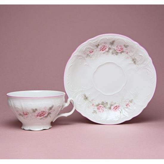 Pink line: Tea cup and saucer 205 ml / 15,5 cm, Thun 1794 Carlsbad porcelain, BERNADOTTE roses