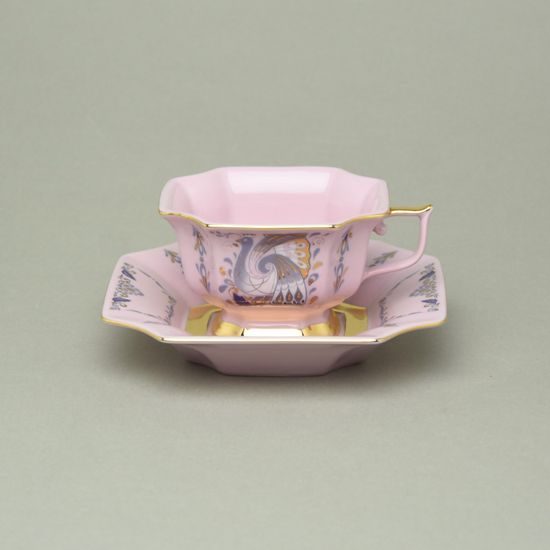 Šálek čajový 150 ml + podšálek 14 cm, Empír, dekor 562 páv, Růžový porcelán z Chodova