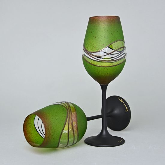 Studio Miracle: Sklenice na víno zeleno-hnědé 2ks, 250 ml, ruční dekorace Vlasta Voborníková