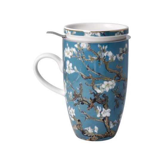 Tea Cup 0,4 l with Lid and Strainer V. van Gogh - Almond Tree Blue, 11.5 / 8 / 14 cm, Fine Bone China, Goebel