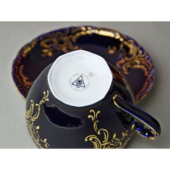 Souprava Šálek 200 ml a podšálek čajový, 2ks. Opera kobaltová modř + zlato, Dárkové balení, Český porcelán a.s. (Royal Dux Bohemia)