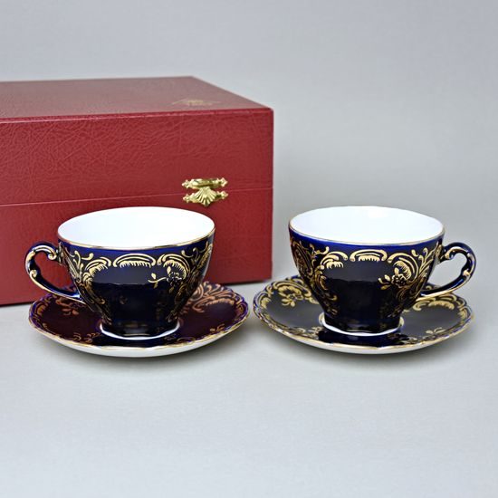 Souprava Šálek 200 ml a podšálek čajový, 2ks. Opera kobaltová modř + zlato, Dárkové balení, Český porcelán a.s. (Royal Dux Bohemia)