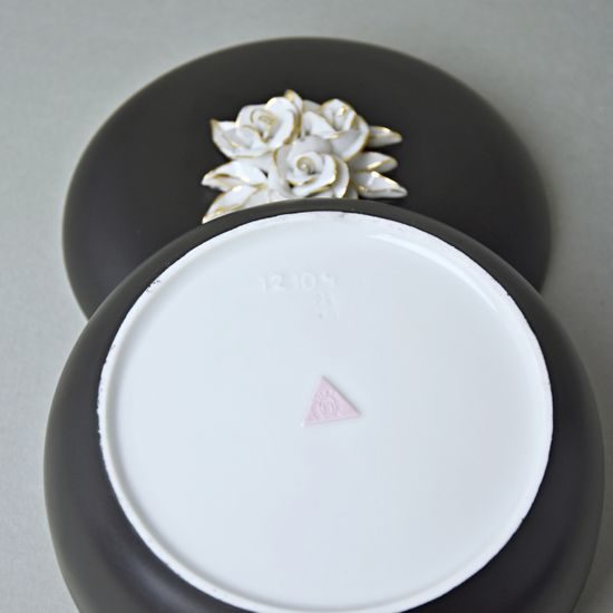 Dóza kulatá s růžemi 13,7 x 7,5 cm, Černý fond + Zlato, Porcelán Duchcov